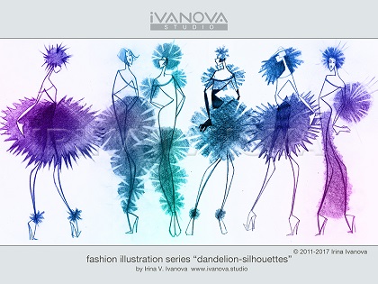 Digitally rendered fashion illustration. Pencil sketches. Dandelion flower inspiration.
